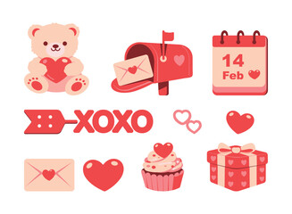 Cute collection sticker of vector icons celebrating Valentine&rsquo;s Day, including teddy bear with heart, mailbox, calendar Feb 14, cupcake, gift box, XOXO. For Valentines Day greeting card, scrapbooking