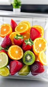 Vibrant fresh fruit in transparent bag  strawberries, kiwi, lemons, oranges displayed succulently