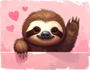 A cute, cartoonish animal with brown fur and dark eyes waves hello, accompanied by pink hearts on a pink painted background