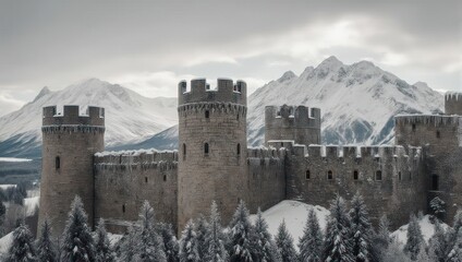 Snowy Castle Fortress Against Mountain Backdrop - A Winter Wonderland.