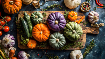 Autumn seasonal food background with colorful various
