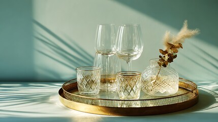 Gold tray with crystal glasses and small vase with dried flowers on white table
