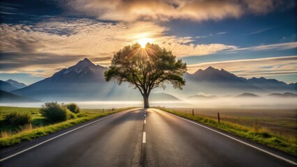 Serene Sunrise Aspiring Road Trip Through Misty Mountain Valley with Majestic Tree at Dawn