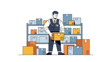 Efficient warehouse management illustration featuring a worker organizing packages on shelves, representing modern logistics, supply chain, and delivery services for businesses