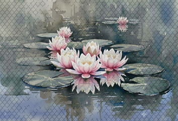 Kwitnące lilie na jeziorze - ilustracja na plakat, obraz, canvas, fototapetę, do dekoracji © lucja_lusilas.pl