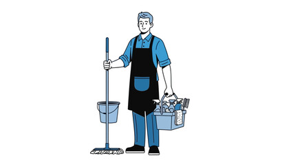 Diligent male professional cleaner in a neat uniform and apron, expertly holding a mop, bucket, and essential cleaning supplies caddy, prepared for comprehensive hygiene tasks