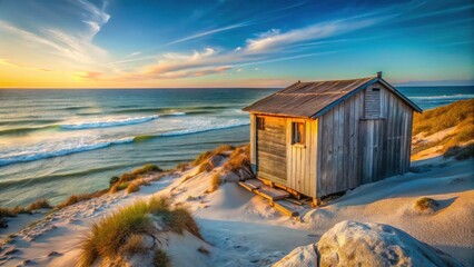 Serene Coastal Cottage at Sunset, Bathed in Golden Light, Beside Gentle Ocean Waves Rolling onto Sandy Beach