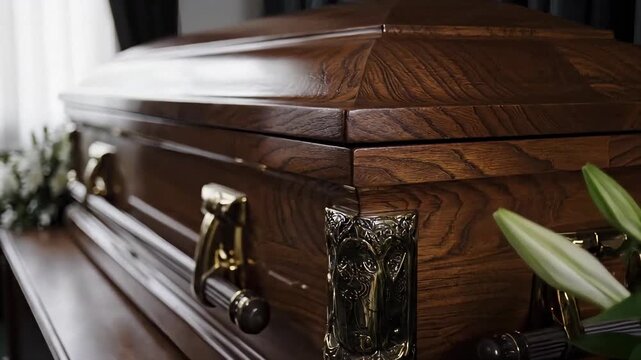 Wooden coffin with gold handles and white lilies in a funeral home. Closed casket at a memorial service with soft window light. Mourning and death concept