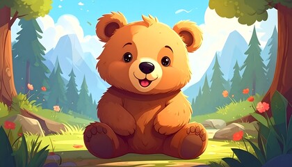 A cute, cartoonish bear sits smiling in a forest clearing. Mountains, trees, flowers, and a blue sky form the backdrop