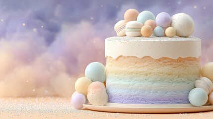 Dreamy pastel rainbow cake with macarons and clouds for whimsical birthday celebrations.

