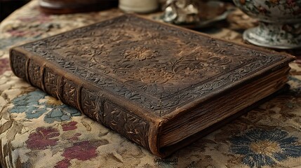 Old leather bound book with embossed cover on floral fabric brown