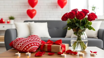 Valentine's day decorations with red roses heart gifts and balloons for romantic ambiance