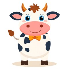 A cute, cartoonish bovine with a white body, black spots, brown horns, and a stylish orange bowtie, and dark hair, standing