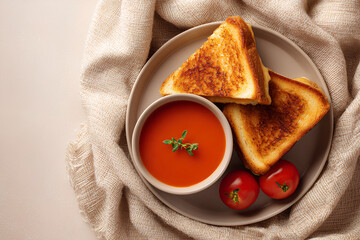 Golden grilled cheese sandwich halves paired with tomato soup in a balanced top down composition on light background with soft shadows  
