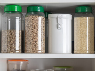 Clear plastic storage jars with green shaker lids, holding sesame seeds, sunflower seeds, and flax...