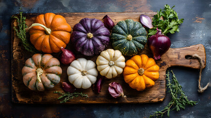 Autumn seasonal food background with colorful various