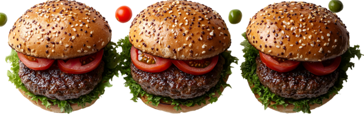 Three closeup hamburgers with transparent background