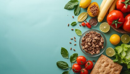 A vibrant arrangement of fresh vegetables, fruits, and whole foods on a teal background, showcasing a healthy and nutritious meal setup.
