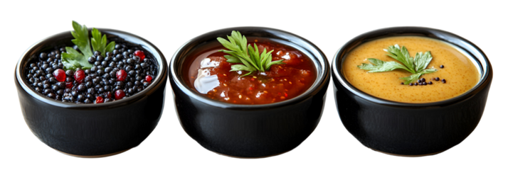 Three colorful appetizer dishes on transparent background