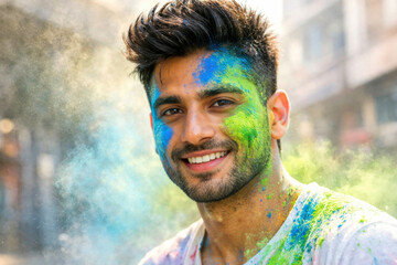 Joyful celebration of holi with colorful powder on smiling man's face during outdoor festival