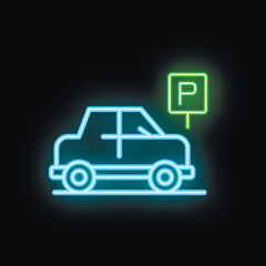 Obraz premium Neon car parking icon glowing on a dark background, great for any transportation project