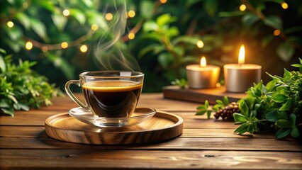 Aromatic Coffee Steam Rising in a Glass Cup on Wooden Tray with Candles and Greenery