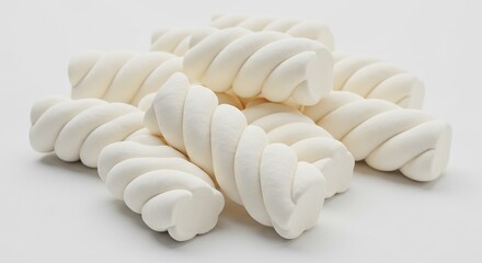 ふんわり甘い白いツイストマシュマロが白い背景に美しく積み重なる 柔らかな光がその優しい質感を際立たせる. AI Generated