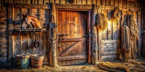 Rustic wooden stable with horse head, hay, and old farm equipment in golden hour light