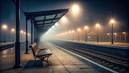 A solitary bench waits under a misty night sky at a deserted train platform, illuminated by the soft glow of distant streetlights and the ethereal fog.