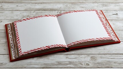 Open red book with white pages and decorative border on wooden table