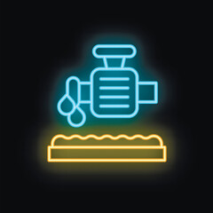 Obraz premium Neon sign of a water sprinkler system watering a patch of grass on a black background