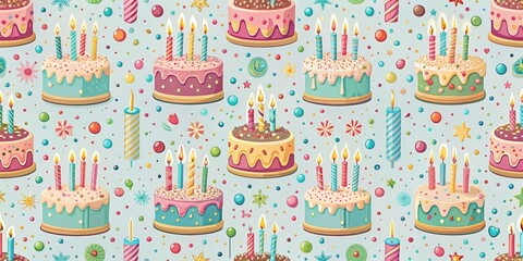 Delightful Festive Pattern Featuring Many Delicious Cakes with Lighted Candles and Colorful Confetti