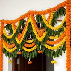 Decorative Floral Bandhanwar Toran Made of Marigold Flowers for Pooja Room and Indian Festival Decoration