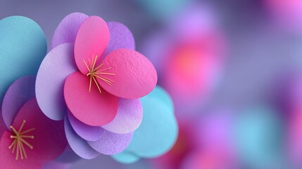 Colorful textured paper flowers close-up with soft bokeh background for spring designs.

