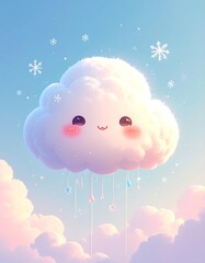 Fototapeta premium A cute, fluffy cloud with a smiling face floating in a pastel blue sky adorned with snowflakes and dangling ornaments. Lower, soft clouds
