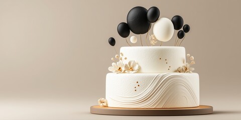 Minimalist two-tier white cake decorated with flowers and balloons on beige background.

