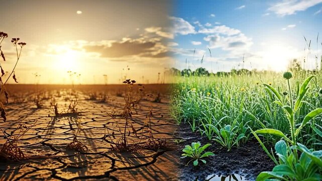 Depicting the contrast between drought and thriving ecosystem for the concept of environmental change.