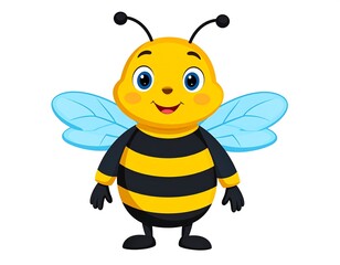 Fototapeta premium A cute cartoon bumblebee with a smiling face, big blue wings, and black and yellow striped body. Its antenna are topped with black dots