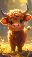 A cute, cartoonish calf with curly orange fur and large, expressive eyes stands in a field of wildflowers, bathed in sunlight