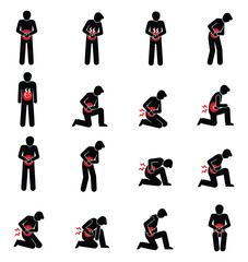 Medical set of stick figures experiencing stomach ache, abdominal pain, indigestion, and gastrointestinal discomfort