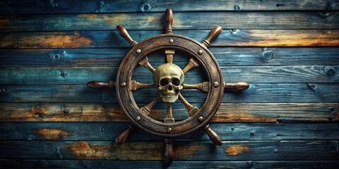 A weathered wooden ship's wheel, adorned with a skull, rests against a backdrop of rustic, teal-stained planks.