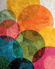 Abstract colorful overlapping circles with grunge texture for artistic backgrounds.

