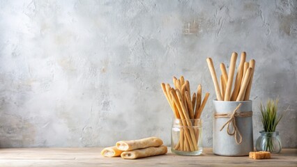 A rustic still life featuring crispy breadsticks in various containers, arranged on a wooden surface against a textured backdrop