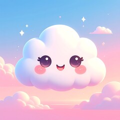 A cute, cartoonish cloud with big eyes and a smile floats in a pastel-colored sky filled with stars. Soft colors and a friendly vibe