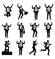Silhouettes of successful businessmen celebrating victories, jumping for joy, and standing on a winner's podium