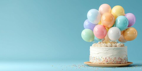 Festive white birthday cake topped with colorful balloons on blue background for party invitations.

