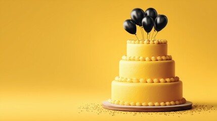 Bright yellow three tiered birthday cake with black balloons isolated on yellow background.

