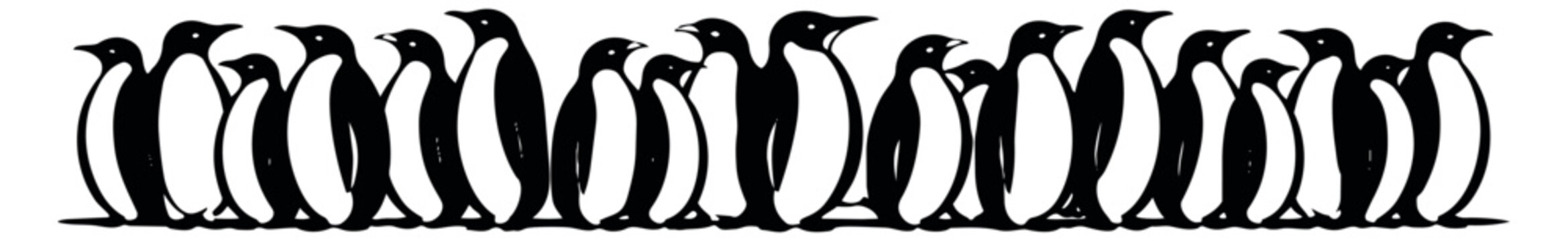 Line art penguin set featuring a group of penguins standing in a line for wildlife and nature projects