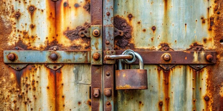 Rusty Metal Door Secured with Padlock, Showing Signs of Age and Weathering
