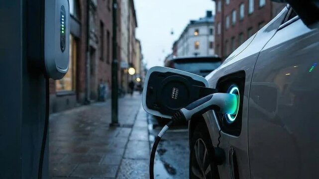 AI driven process efficiency concept. Electric vehicle charging in an urban street setting with buildings nearby.